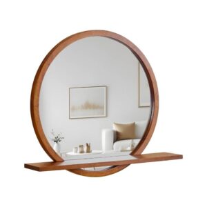 24" Round Solid Wood Wall Mirror with Shelf