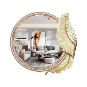32" Round Wooden Wall Mirror with Leaf Décor